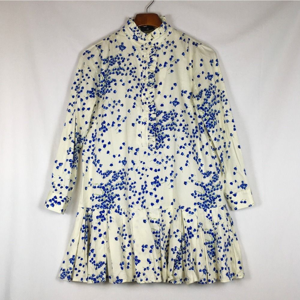 Tuckernuck Tate Drop Waist Dress Size XS Pleated Skirt Cream Bluebells Floral